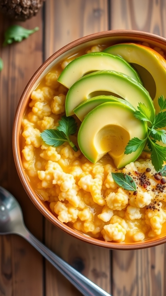 Savory Cauliflower Oats Recipe Savory cauliflower oats topped with avocado and herbs in a rustic bowl on a wooden table.